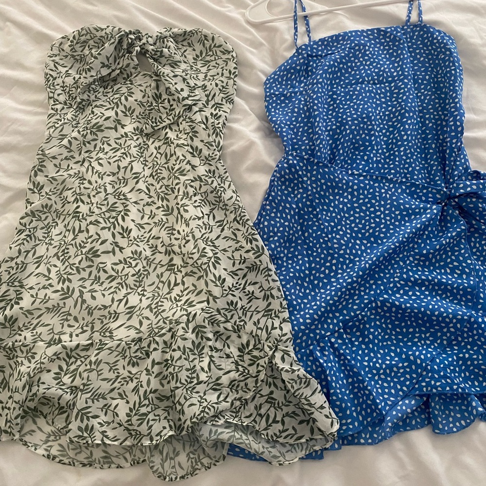 Shein Summer Dress Bundle | Green leaf strapless dress and blue print wrap dress